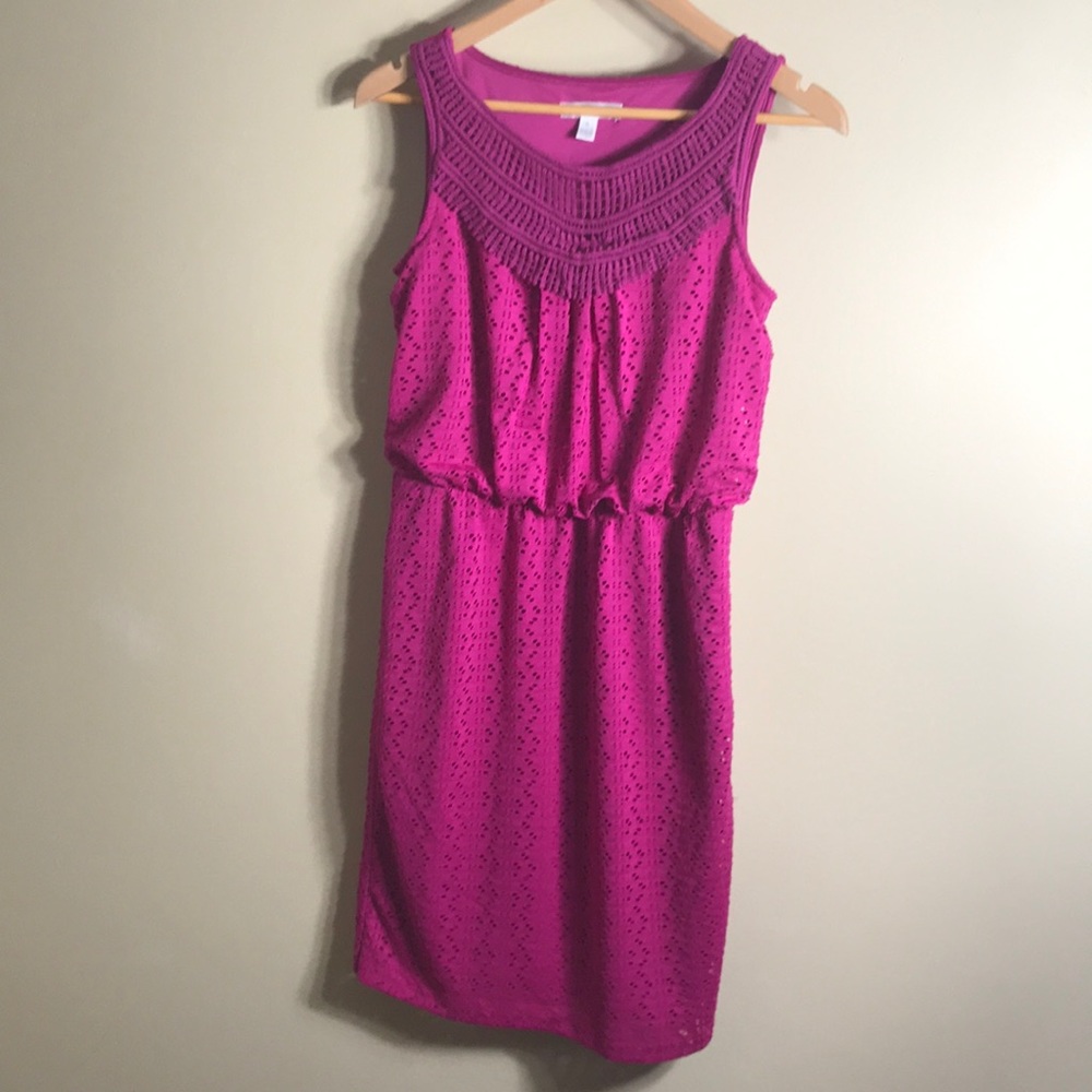 LONDON TIMES Fuchsia Pink Purple Sleeveless Eyelet Elastic Waist Dress 4 EUC